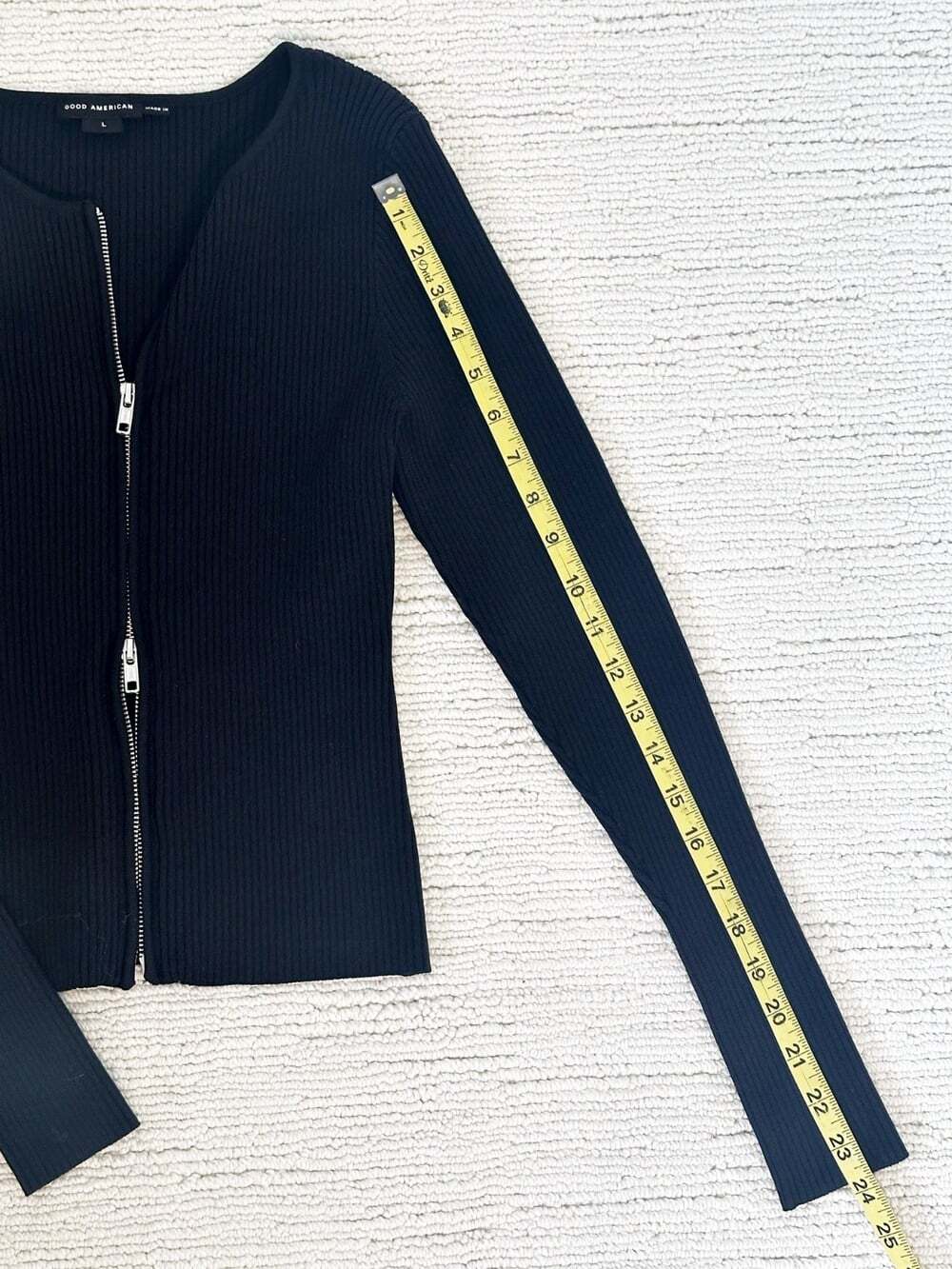 GOOD AMERICAN Virgo Rib Zip Front Sz L Black Sweater 90s Y2K Streetwear Goingout - Picture 9 of 15